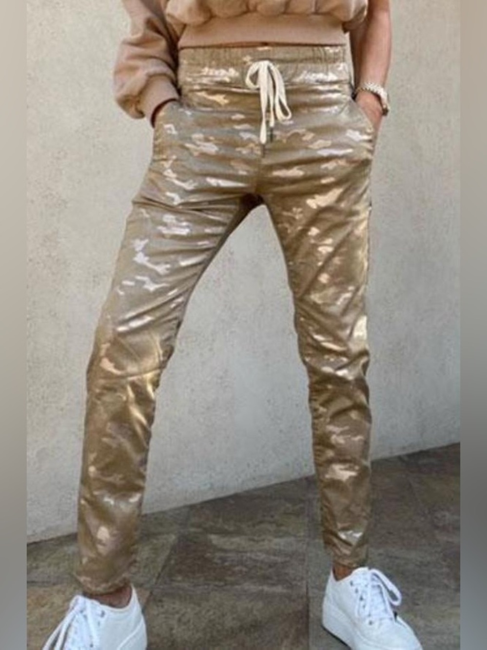 Bevy Flog Shely Beige Gold Metallic Camo Drawstring Pants Size 25